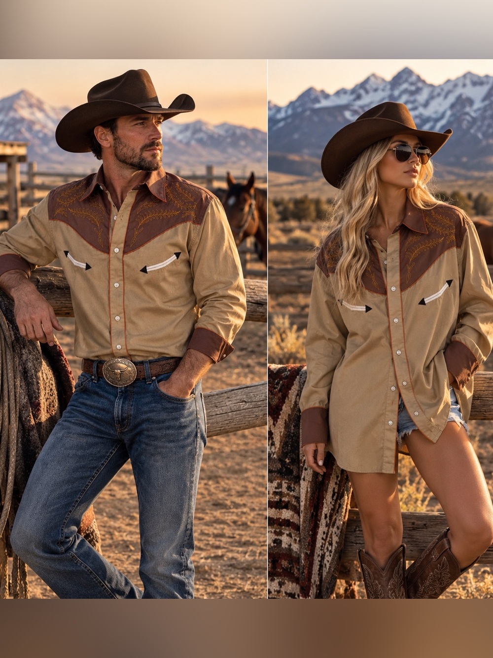 COOFANDY Men’s XL Embroidered Western Cowboy Shirt Tan Brown
